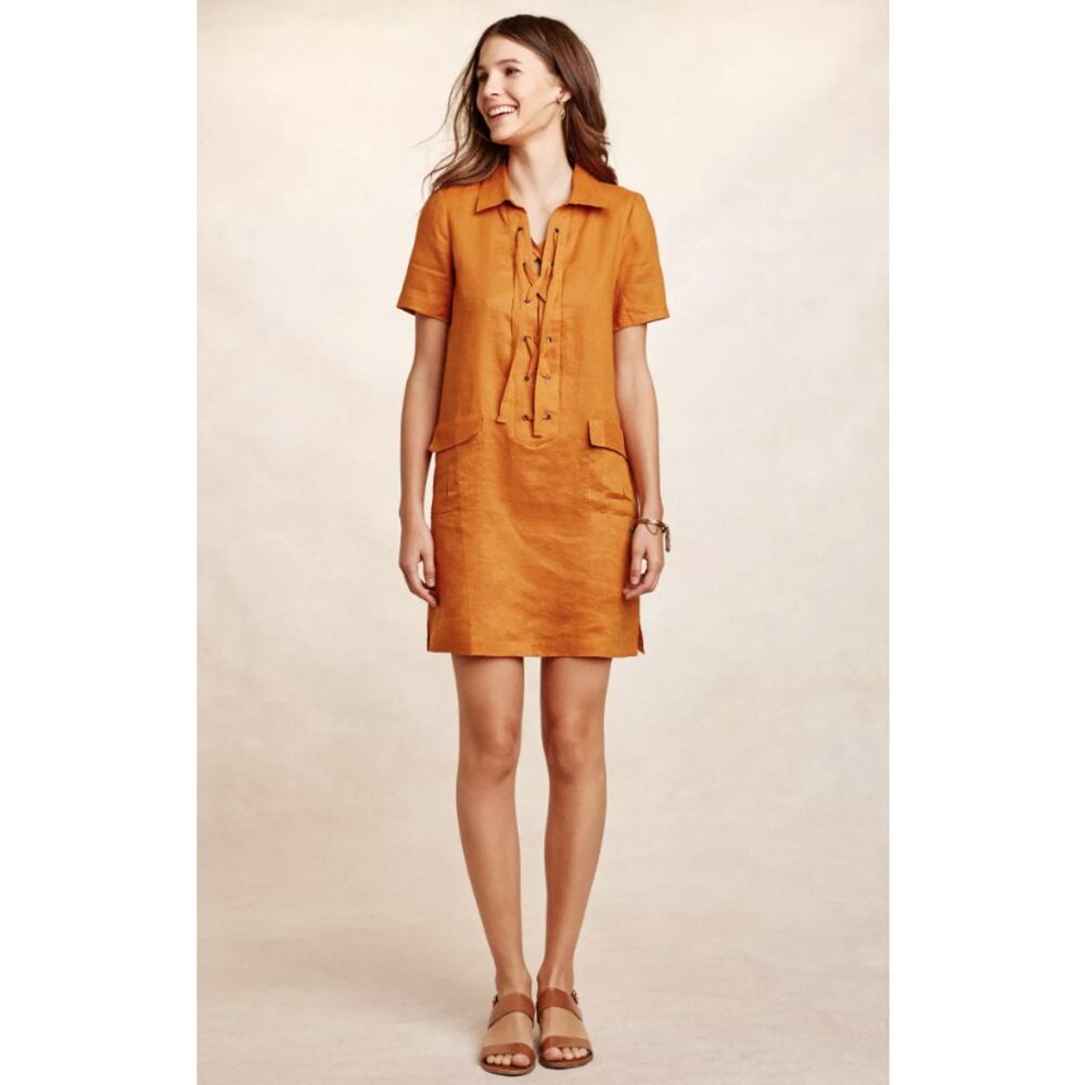 Anthropologie Maeve Linen Lace Up Mini Dress Rust Orange Pockets Size 6